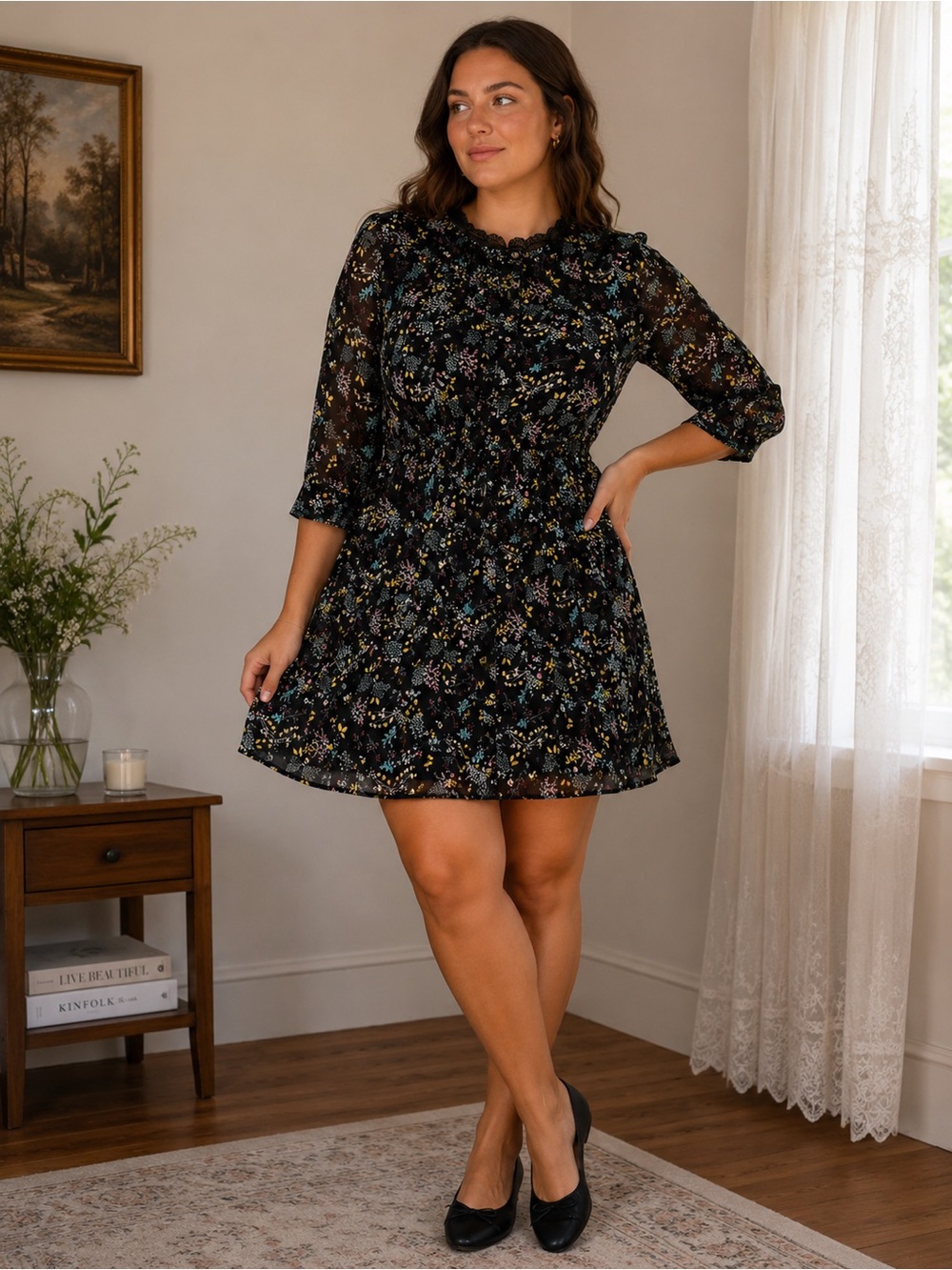 LC Lauren Conrad Floral Mockneck Dress - Black Prairie Cottagecore Mini/Midi